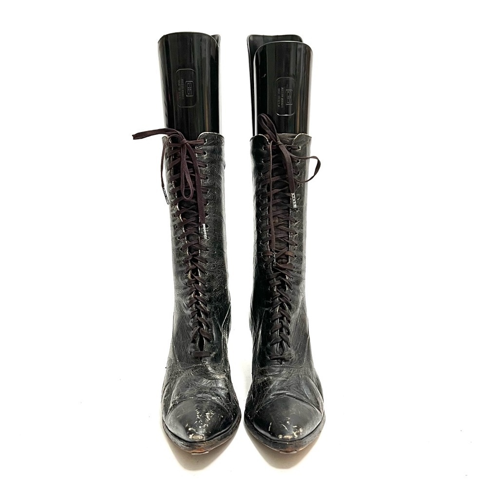 Antique 1910s vintage Edwardian black leather lace up French heel granny boots - Picture 3 of 9